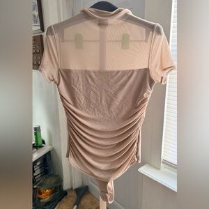 Elegant Beige Ruched Bodysuit with Sheer Neckline